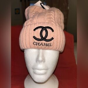 CHANEL Blush Pink Knit Hat with Logo
